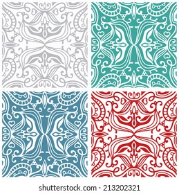Seamless backgrounds set, retro geometric ornament, vector lace pattern, colorful abstract decoration, design elements collection