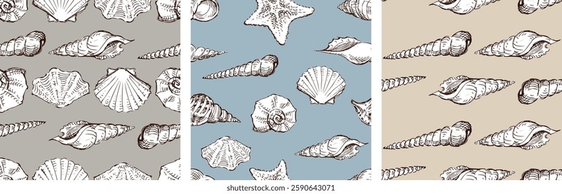 Seamless backgrounds of sketches various seashells, vector patterns, paper, fabric, wallpaper