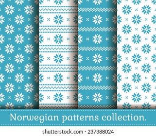 Seamless backgrounds in traditional Norwegian style. Set of Christmas and winter patterns in light blue and white colors. Vector illustration.