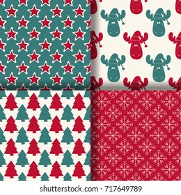 Seamless backgrounds with typically Christmas and New Year patterns with christmas tree, stars, snowflakes, cartoon reindeer face in Santas's hat
