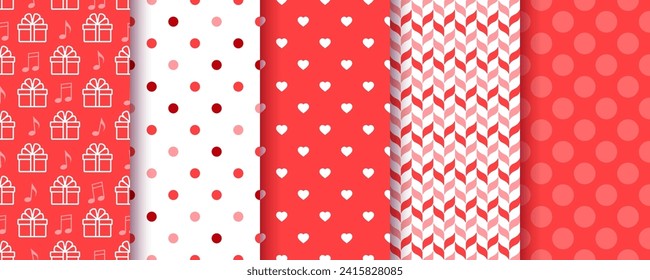 Seamless backgrounds. Valentine's day pattern. Prints with heart, polka dot, gift and herring bone. Set red pink love textures. Collection wrapping papers. Vector illustration. Romantic scrap design