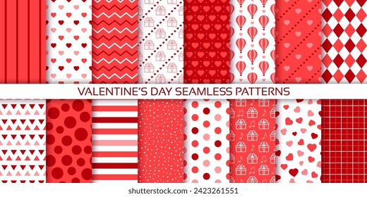 Fondos impecables. Patrón de San Valentín. Impresiones con corazones, puntos, rayas y zigzag. Ama las texturas rojas. Recogida de papeles de envoltura de niñas. Ilustración vectorial. Diseño de chatarra romántica   