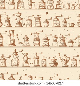 Seamless backgrounds with vintage coffee mills. Can be used for wallpaper, pattern fills, textile, web page background, surface texture Vector illustration. 