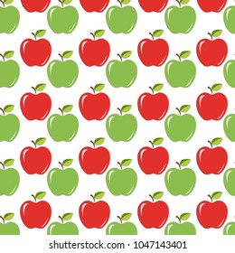 Seamless background/texture with red and green juicy apples with leaves and shadow. Vector illustration, EPS10.
