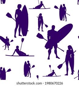 Seamless backgroung. Men and women with surf board