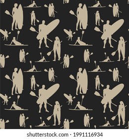 Seamless backgroung. Men and women with surf board