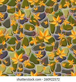 Seamless backgrund wild grape on the wall of rough stone. Vector.