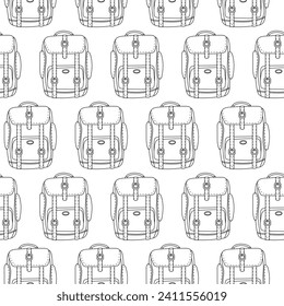 Seamless Backpack pattern. Travel, nikes, trips tourism, voyage or vacation, education background on white background. lineart vector illustration for wallpaper, textile, wrapping