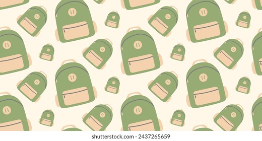 Nahtloses Rucksackmuster. In: Vector Flat Illustration. Reisen, Fahrräder, Reisen Tourismus, Reise- oder Urlaub Hintergrund Tapeten, Textil, Verpackung. Gepäckausdruck für Reisende. Sporttasche. Modell mit Taschen.