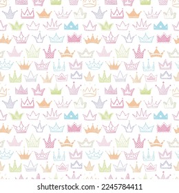 Fondo inexplorado con coronas de doodle de colores. Se puede usar para papel tapiz, rellenos de patrones, textil, fondo de página web, texturas superficiales