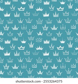 Seamless backrgound with white doodle crowns on blue background. Can be used for wallpaper, pattern fills, textile, web page background, surface textures