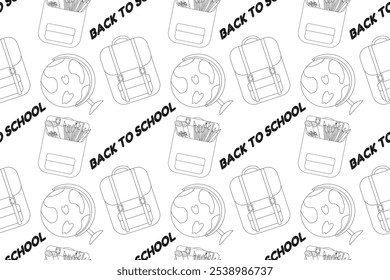 Seamless back-to-school pattern coloring page featuring school bags, globes, and stationery. Perfect for childrens creativity and learning.