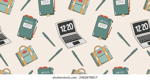 Tema de vuelta a la escuela sin fisuras, hay cuadernos, bolígrafos, bolsas, computadoras portátiles.