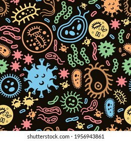 Nahtlose Bakterienzellen-Mikroorganismen-Muster auf schwarzem Hintergrund. Keime, Protisten, Mikroben, Protozoen-Vektorgrafik.