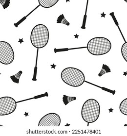 Seamless badminton pattern with rackets and shuttlecocks. Vector black and white sport background