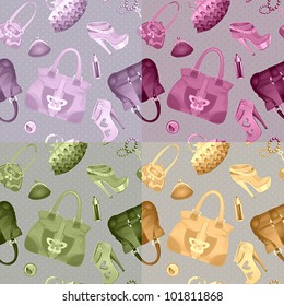 Seamless bags pattern in four color variations, made of different styles female handbags. Vector Illustration.