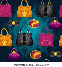 Seamless bags vector pattern, made of different styles female handbags.