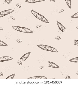 Patrón de baguette sin foco, hogaza dibujada a mano. Vista superior. Esbozo vectorial para productos de panadería y embalaje, publicidad, redes sociales.