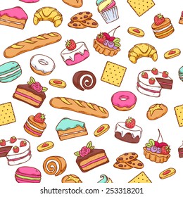 Seamless baked sweet food pattern. Cake, cookie, bread, donut background. White back.