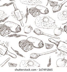 Seamless Bakery background with bread. flour, eggs and orange Bread sketches in vintage style
