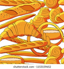 Seamless bakery background with cartoon baked goods. For your design, announcements, postcards, posters, restaurant menu