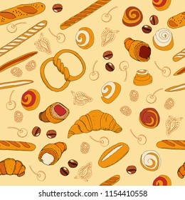 Seamless bakery background with cartoon sweets, baked goods, desserts and berry. Pattern with hand drawn elements