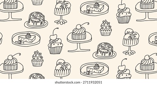 Padrão de sobremesa de padaria sem costura com bolos, sorvete, cheesecake e rolo de canela no estilo infantil Doodle Line. Mão desenhado Sweets repetir fundo. Ilustração de vetor plano.