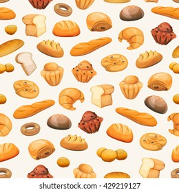 Seamless Bakery Icons Background
Seamless bakery and pastry products background, with bread and breakfast icons, brioche, viennoiserie, cakes, crescent, donuts, biscuits, desserts and sweets