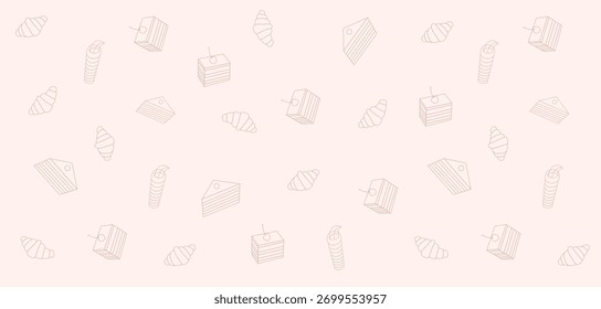 Seamless bakery pastry pattern background with croissants, cakes and sweets illustration