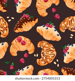 Seamless bakery pattern. Appetizing fresh croissants, texture, bun, chocolate topping, berries, raspberries, puff pastry, French pastries on a dark background.