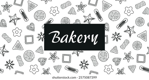 Seamless bakery pattern with cookies and pastries outlined on a white background, "Bakery" text in black.