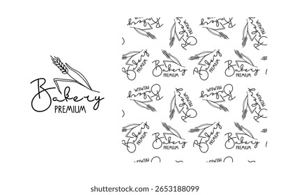 Seamless Bakery pattern and logo. Black White Bakery Premium. Bakery script lettering with grain ear sketch. Bakery shop bread Repeated Background for wallpaper, wrapping, packing, textile
