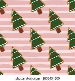 Patrón de panadería sin problemas con adorno de árbol de galletas de año nuevo. El postre navideño en tonos verdes con fondo rosado despojado. Papel tapizado, textil, papel envolvente, impresión de tela. Ilustración del vector