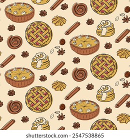 Seamless bakery pattern with pies, cinnamon rolls, and spices. Perfect for food related designs, packaging, and cozy autumn or winter projects. Vector hand drawn illustration with contour drawings