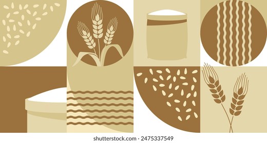 Seamless bakery pattern in simple geometric style - wheat based products decoration for flour or bread packaging.