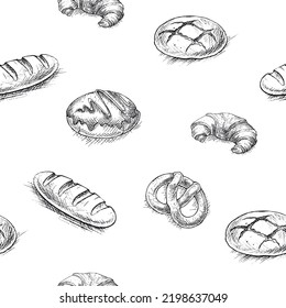 Seamless bakery sketch, hand drawn vector illustration, beautiful fresh bread