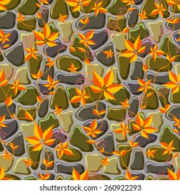 Seamless bakgraund wild grape on the wall of rough stone. Vector.