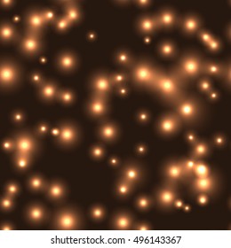 seamless bakground with small lights in gold color. Festive seamless pattern with gold neon laser lights on dark background.