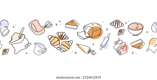 Borde de hornear sin fisuras con iconos de pastelería de línea que incluyen cruasanes, pasteles, herramientas e ingredientes sobre fondo blanco, para empaques, etiquetas, Anuncios, menús, diseños de marcas de alimentos.Ilustración vectorial