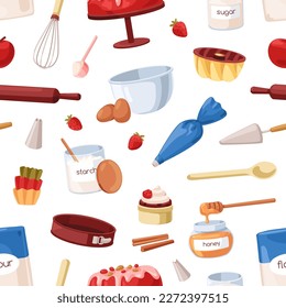 Seamless baking pattern with bakery tools, cooking utensils, confectionery ingredients. Bakers repeating print, endless culinary background for wrapping, textile. Flat cartoon vector illustration