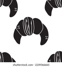 Seamless baking pattern. Bread, donuts, pies, croissants, cookies with berries. Black and white icons for the menu. Print. Delicious food. Flour and wheat. Thanksgiving day.