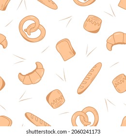 Seamless baking pattern. Vector background of dough products, croissant, rolls, bread, cupcake. The concept of a bakery or cafe.