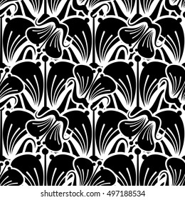 Seamless balck and white pattern with beautiful flowers silhouettes. Design element for advertisements, flyer, web, invitations or greeting cards.Vector clip art.
