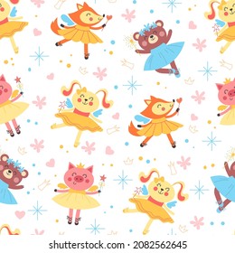 Seamless ballerina animals. Dancing little fairies with magic wands. Cartoon background design. Kids print with girly ballet elements. Princess in tutu dress and pointe. Vector pattern