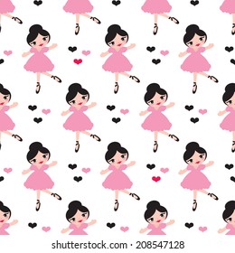 Seamless ballerina dancer girls in pink dress and love shaped hearts illustration background pattern in vector