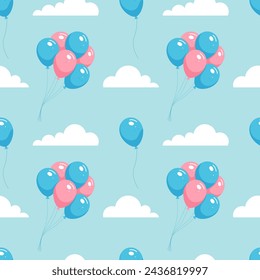 Plantilla de patrón de globo sin costura. Globos azules y rosas, nubes blancas sobre un fondo azul claro. Ideal para tarjetas de felicitación, papel de embalaje, tela, banners, etc.