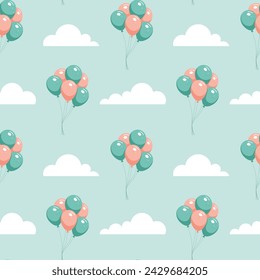 Plantilla de patrón de globo sin costura. Globos verdes y rosas, nubes blancas sobre un fondo verde claro. Ideal para tarjetas de felicitación, papel de embalaje, tela, banners, etc.