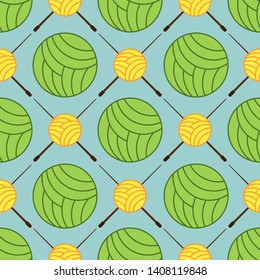 seamless balls of yarn and knitting needles. seamless background needlework, vector illustration