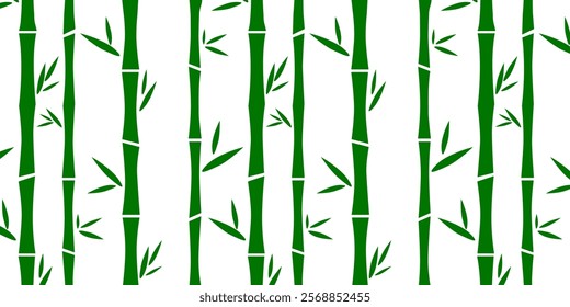 Seamless bamboo forest pattern. Green bamboo stalks and leaves on white background. Simple cartoon style vector illustration.