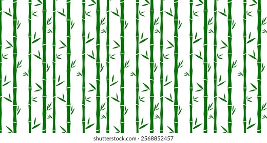 Seamless bamboo forest pattern. Green bamboo stalks and leaves on white background. Simple cartoon style vector illustration.